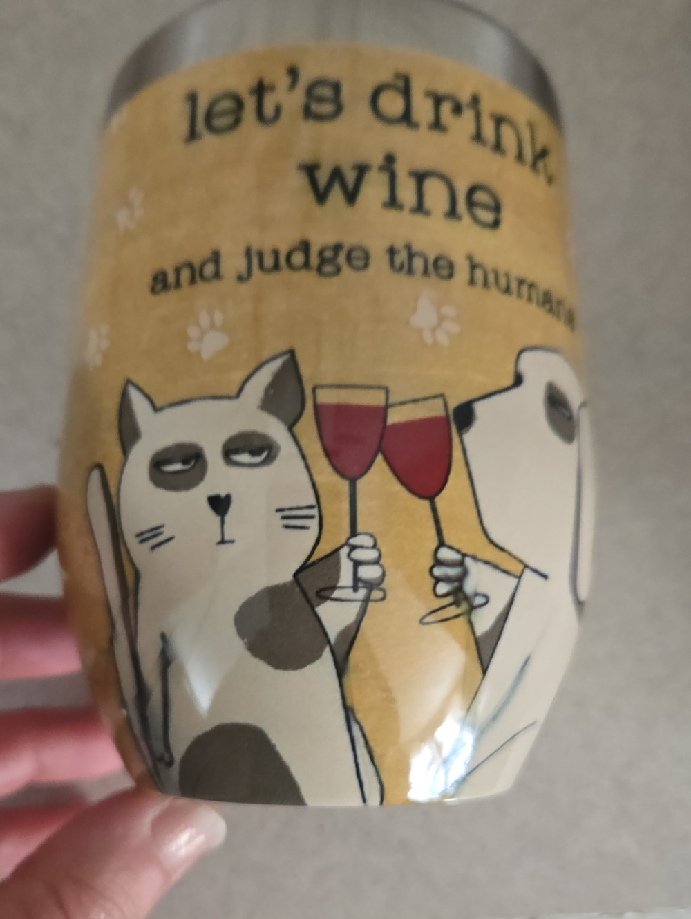 Primitive Yellow Cat Wine Tumbler with Playful Cat Artwork